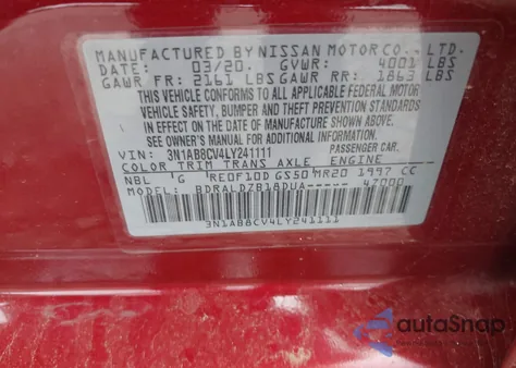 2020 Nissan Sentra Sv Xtronic Cvt z USA, uszkodzony, nr VIN 3N1AB8CV4LY241111